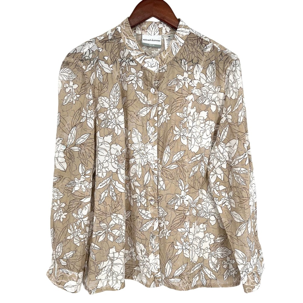 Alfred Dunner Petite 16P Sheer Beige Floral Blouse Shirt Top Tropical Beach